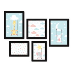 Kit Com 5 Quadros Decorativos - Animais - Infantil - Baby - Bebê - Nuvens - Estrelas - 409kq01 na internet