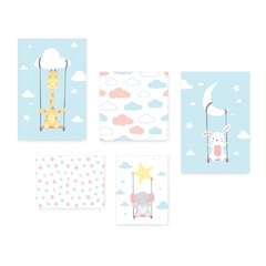 Kit 5 Placas Decorativas - Animais Safari Nuvens Estrelas Infantil Bebê Quarto Menino Menina - 409ktpl5 - comprar online