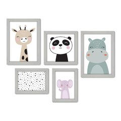 Kit Com 5 Quadros Decorativos - Animais - Infantil - Baby - Bebê - 410kq01 - Allodi