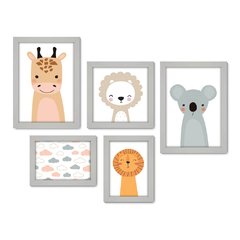 Kit Com 5 Quadros Decorativos - Animais - Infantil - Baby - Bebê - 411kq01 - Allodi