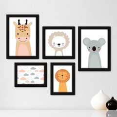 Kit Com 5 Quadros Decorativos - Animais - Infantil - Baby - Bebê - 411kq01