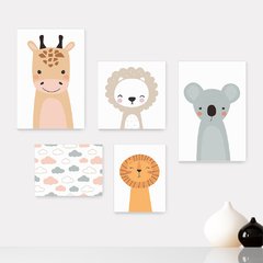 Kit 5 Placas Decorativas - Animais Safari Infantil Bebê Quarto Menino Menina - 411ktpl5