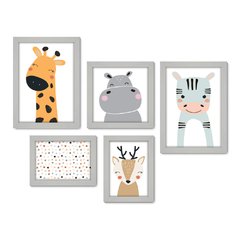 Kit Com 5 Quadros Decorativos - Animais - Infantil - Baby - Bebê - 412kq01 - Allodi