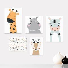 Kit 5 Placas Decorativas - Animais Safari Infantil Bebê Quarto Menino Menina - 412ktpl5