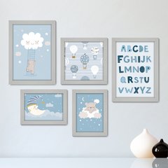 Kit Com 5 Quadros Decorativos - Ursinhos - Infantil - Balões - Nuvens - Alfabeto - Azul - 413kq01 - comprar online