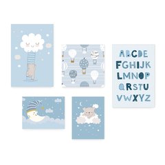Kit 5 Placas Decorativas - Ursinhos Balões Nuvens Alfabeto Azul Infantil Bebê Quarto Menino - 413ktpl5 - comprar online