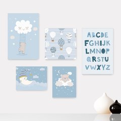 Kit 5 Placas Decorativas - Ursinhos Balões Nuvens Alfabeto Azul Infantil Bebê Quarto Menino - 413ktpl5