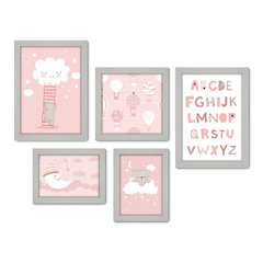 Kit Com 5 Quadros Decorativos - Ursinhos - Infantil - Balões - Nuvens - Alfabeto - Rosa - 414kq01 - Allodi