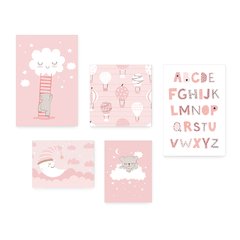 Kit 5 Placas Decorativas - Ursinhos Balões Nuvens Alfabeto Rosa Infantil Bebê Quarto Menina - 414ktpl5 - comprar online