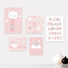 Kit 5 Placas Decorativas - Ursinhos Balões Nuvens Alfabeto Rosa Infantil Bebê Quarto Menina - 414ktpl5