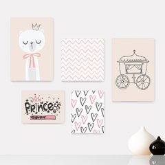 Kit 5 Placas Decorativas - Ursinhos Princesa Chevron Rosa Infantil Bebê Quarto Menina- 415ktpl5