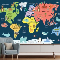 Papel de Parede Mapa Mundi Infantil Animais Sala Painel Adesivo - 477pc