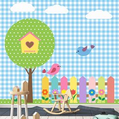 Papel de Parede Adesivo Infantil Jardim Passarinhos Bebe Quarto - 513pc