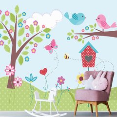 Papel de Parede Adesivo Infantil Jardim Passarinhos Bebe Quarto - 516pc