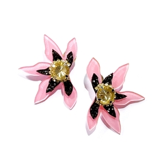 aros semi Buki flor base rosa y glitter negro