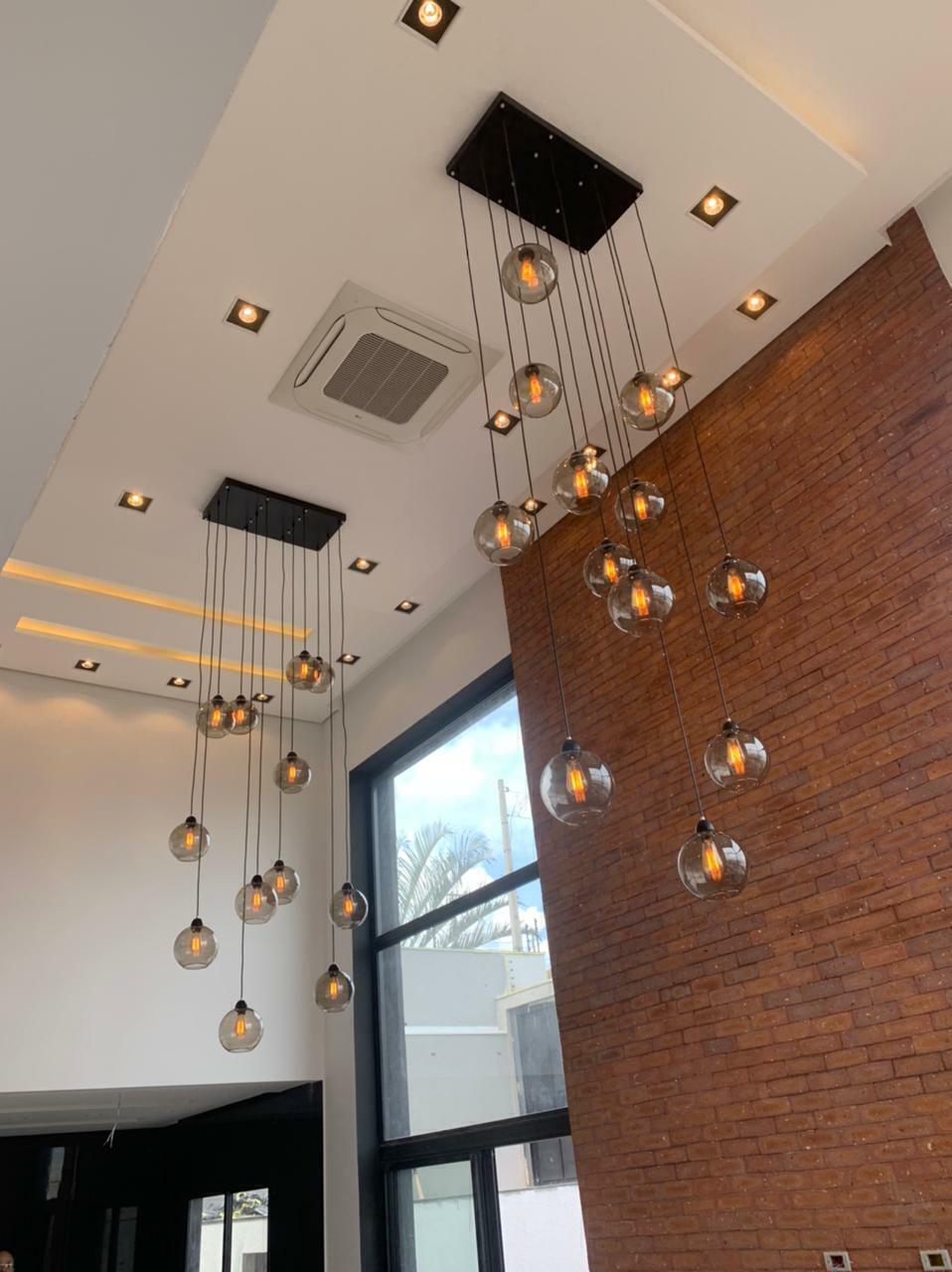 Lustre Pendente Sarvah 5 Globos Âmbar Conhaque Para Casas Pé Direito Duplo  e Alto