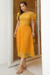 Vestido Longuete Amarelo em Plissado Renda Arrastão com saia em Malha - Sara