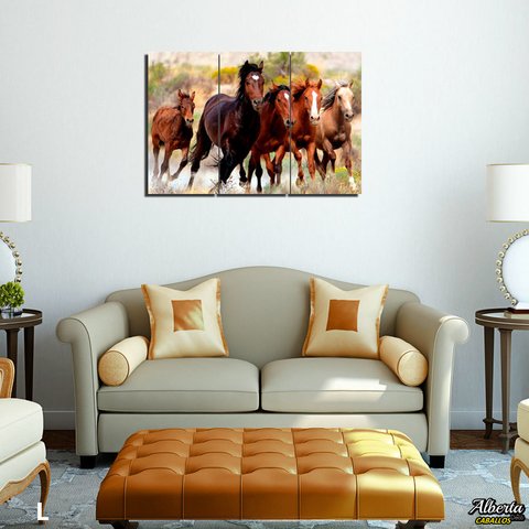 Manada familia de caballos cuadro triptico