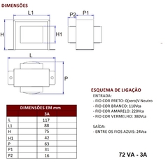 Transformador Comando 72VA E-110/220/380 S-24Vca 3A - Eletrotécnica Vera Cruz