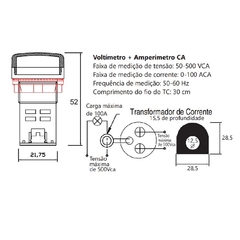 Amperímetro e Voltímetro Digital 22mm 0-100A 50-500Vca Vermelho - Eletrotécnica Vera Cruz