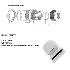 Prensa Cabo Nylon Curto PG21 Cinza 5 Peças - Eletrotécnica Vera Cruz