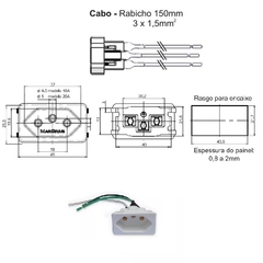 Tomada Embutir p/ Aparelhos Poço Interno 10A/250Vca TPA2-3 Branco Rabicho - Eletrotécnica Vera Cruz