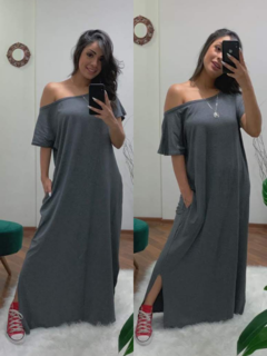 vestido longo cinza