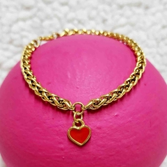 PULSERA ESPIGA (G) 5MM DIJE CORAZON ROJO ACERO DORADO