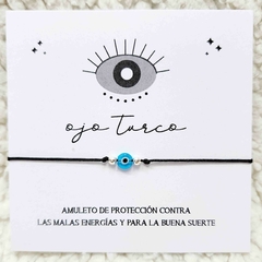 TARJETA OJO PULSERA HILO CHINO OJO MINI VIDRIO CELESTE