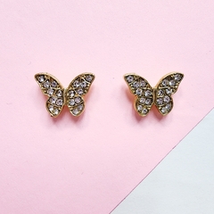 AROS BRONCE DORADO MARIPOSA STRASS BLANCO 1CM PASANTE TUERCA