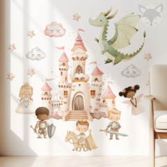 Vinilo decorativo infantil de castillo, caballeros y dragón - Castle, Knights, and Dragon Kids Wall Decal- Modelo ACU12