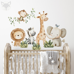 Vinilo decorativo infantil de animales de la selva acuarela mono, leon, jirafa, elefante, cebra | Jungle Animals Kids Wall Decal - Modelo ACU23 en internet