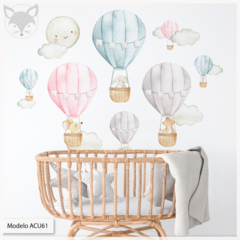 Modelo ACU61 Globos pasteles acuarela con animales, luna y nubes - Little Dreamer Deco - vinilos decorativos infantiles