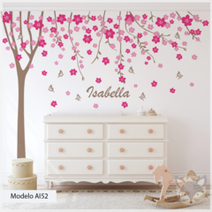 Vinilo decorativo árbol de cerezo con nombre personalizado, adhesivo pared flores rosas - Cherry Blossom Personalized Wall Decal- Modelo AI52