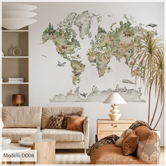 Modelo DD08 - Mapa planisferio mundo acuarela con animales