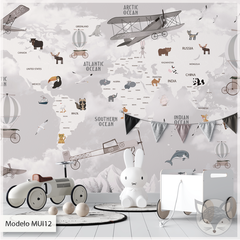 Modelo MUI12 Mapamundis animales gris con aviones y globos vintage