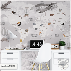Modelo MUI12 Mapamundis animales gris con aviones y globos vintage - comprar online