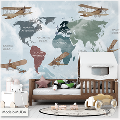 Modelo MUI34 Mapa continentes con aviones vintage
