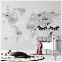 Modelo MUI36 Mapa continentes vintage gris y rosado