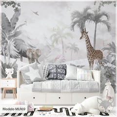 Modelo MUI69 Jungla de grises esfumados con elefante y jirafa