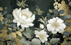 Modelo MW.FLOR.14 Flores grandes blancas verdes fondo negro y dorado - Little Dreamer Deco - vinilos decorativos infantiles
