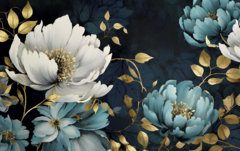 Modelo MW.FLOR.15 Flores grandes blancas azul fondo negro y dorado en internet