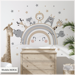 Modelo NOR36 Arcoiris nordico con animales y estrellas beige y gris en internet