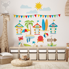 Vinilo Infantil de Playa con Palmera, Cabañas y Accesorios Veraniegos - Modelo Pc60 - comprar online