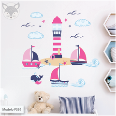 MODELO PS39 "Pink Nautical" Faro barcos y ballenas, modelo nautico azul y rosa