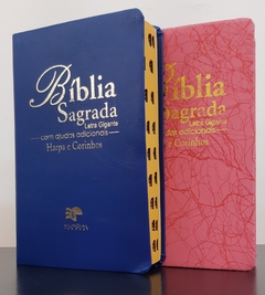 Bíblia do casal letra gigante com harpa luxo azul + pink raiz - comprar online