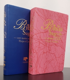 Bíblia do casal letra gigante com harpa luxo azul + pink raiz na internet