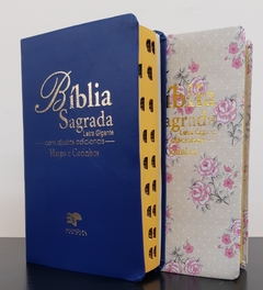 Bíblia do casal letra gigante com harpa luxo azul + romantic bege - comprar online