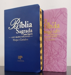 Bíblia do casal letra gigante com harpa luxo azul + rosa raiz - comprar online