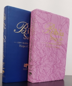 Bíblia do casal letra gigante com harpa luxo azul + rosa raiz na internet